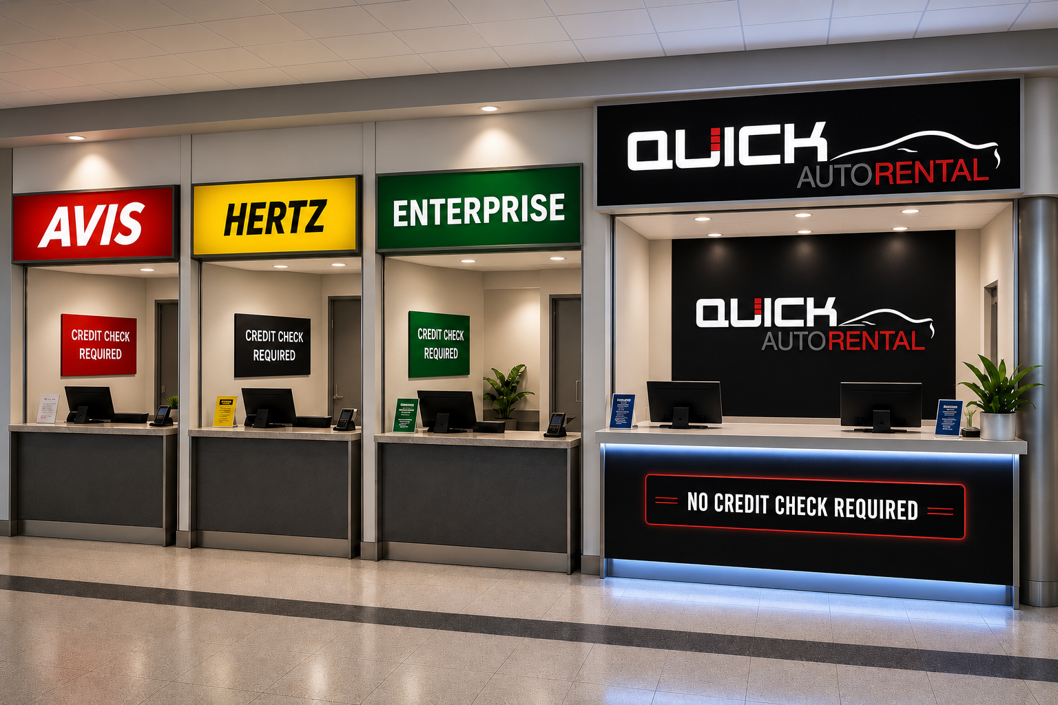 Comparison of rental counter desks: Avis, Hertz, and Enterprise require a credit check, Quick Auto Rental does not